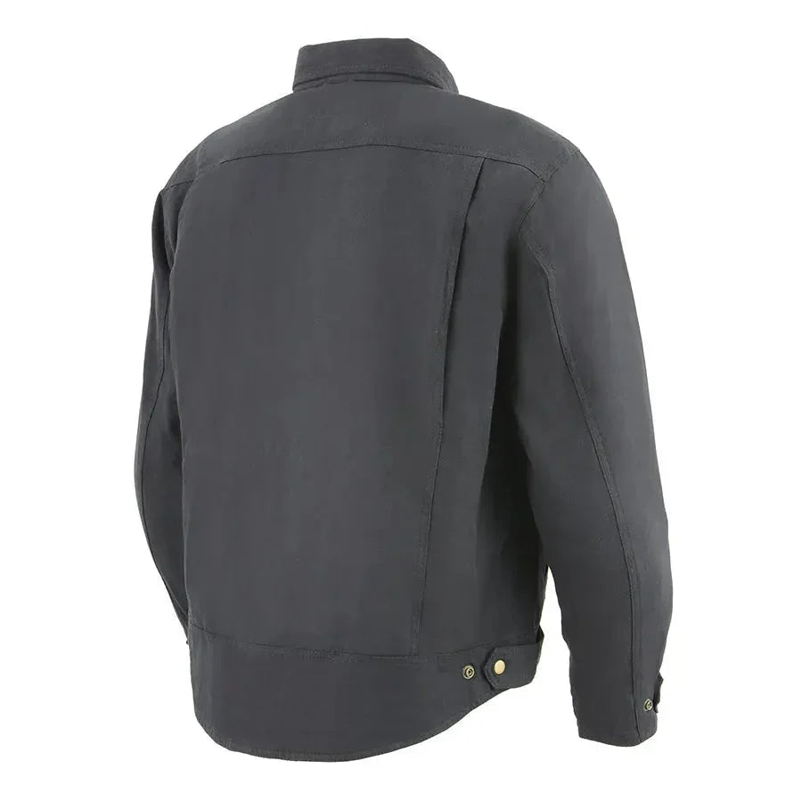 Back view of men's reinforced fibers armored shirt in dark gray, long sleeves, snap details.