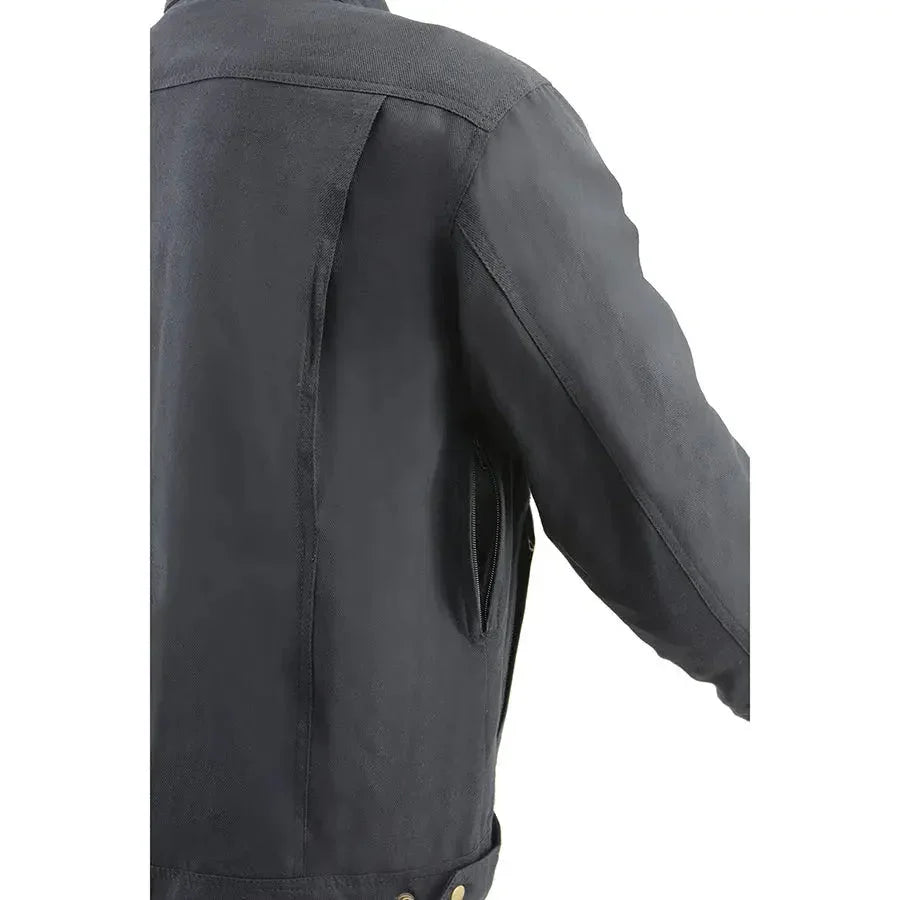 Back view of men's black reinforced fiber armored motorcycle shirt jacket