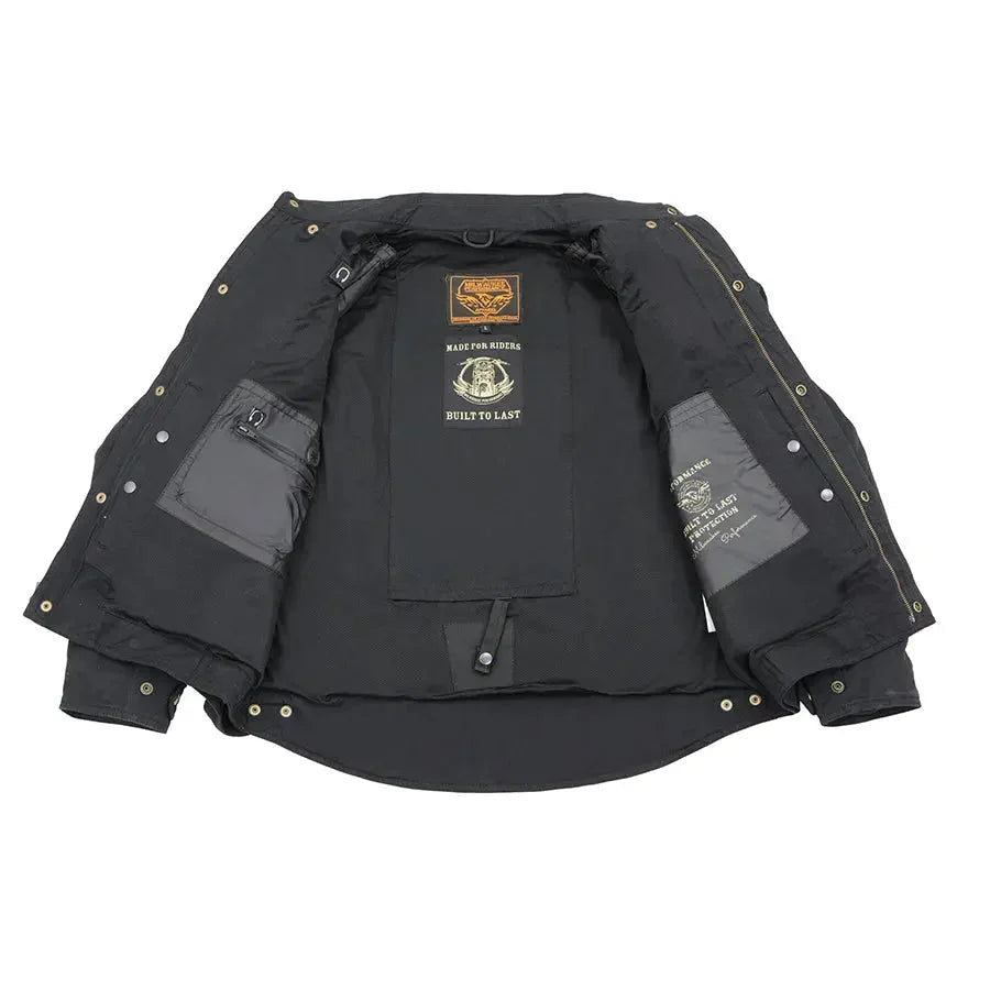 Reinforced black men's armoured shirt with interior pockets and stitched labels for riders.