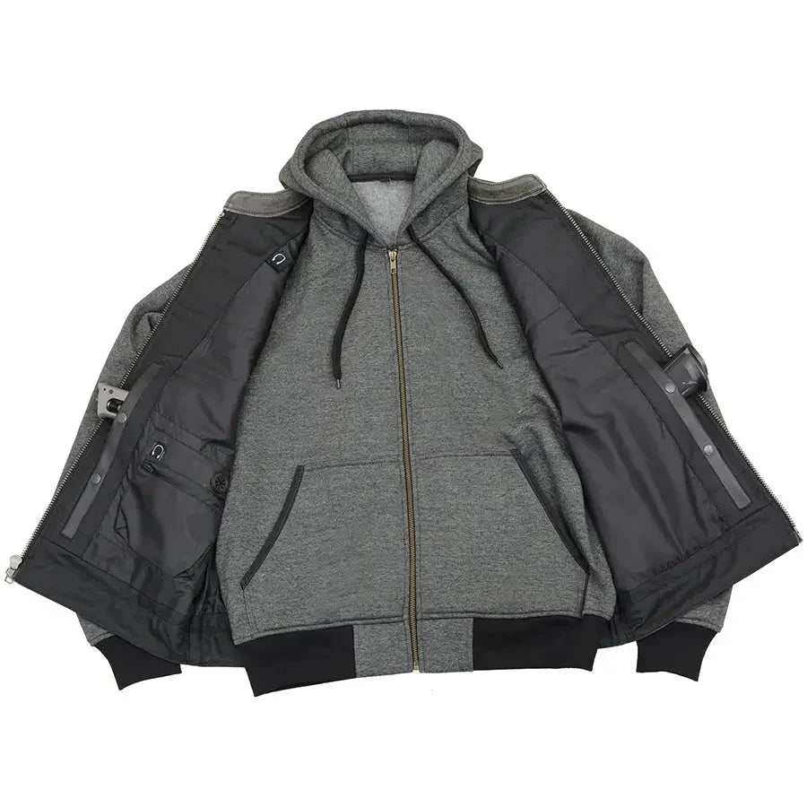 Men's black leather vest with reflective skulls and full zip-up hoodie liner