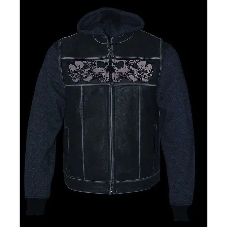 Black leather men's vest with reflective skulls and full hoodie liner, front view