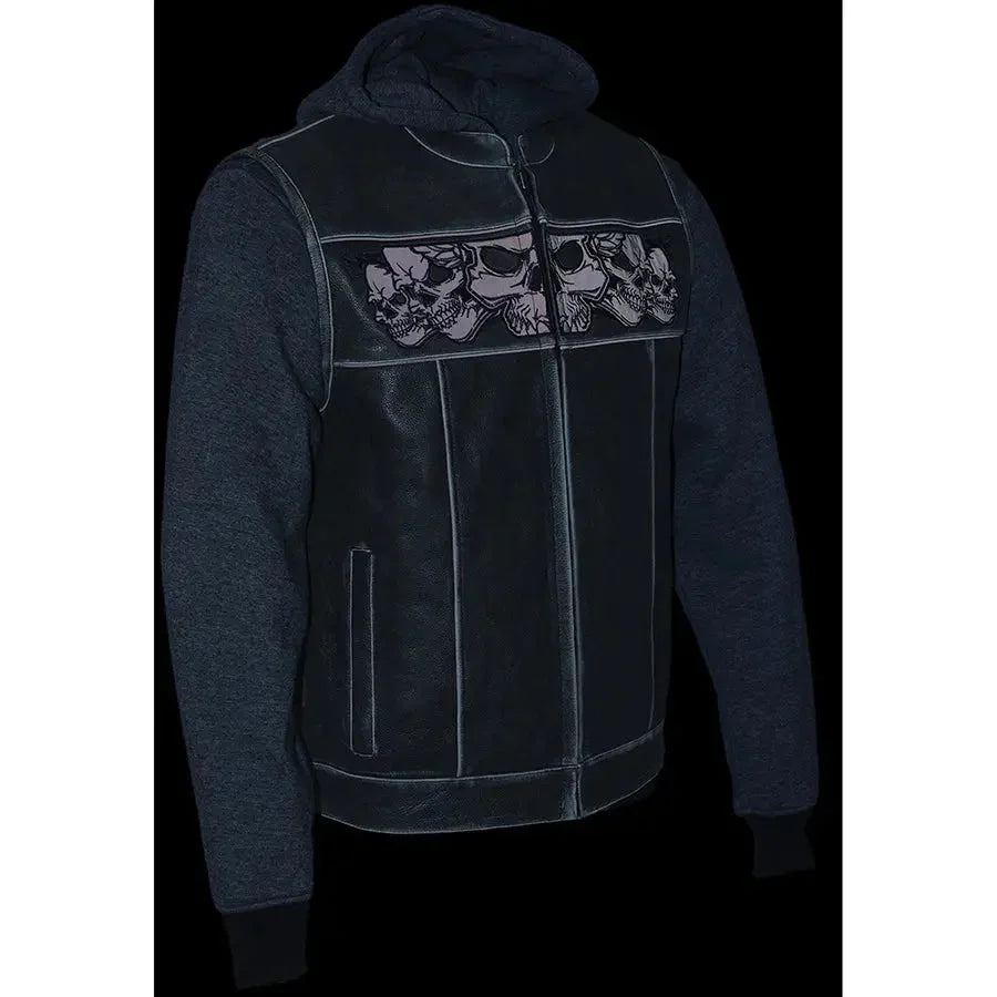 Men's black leather vest with reflective skulls and full hoodie liner, dark background