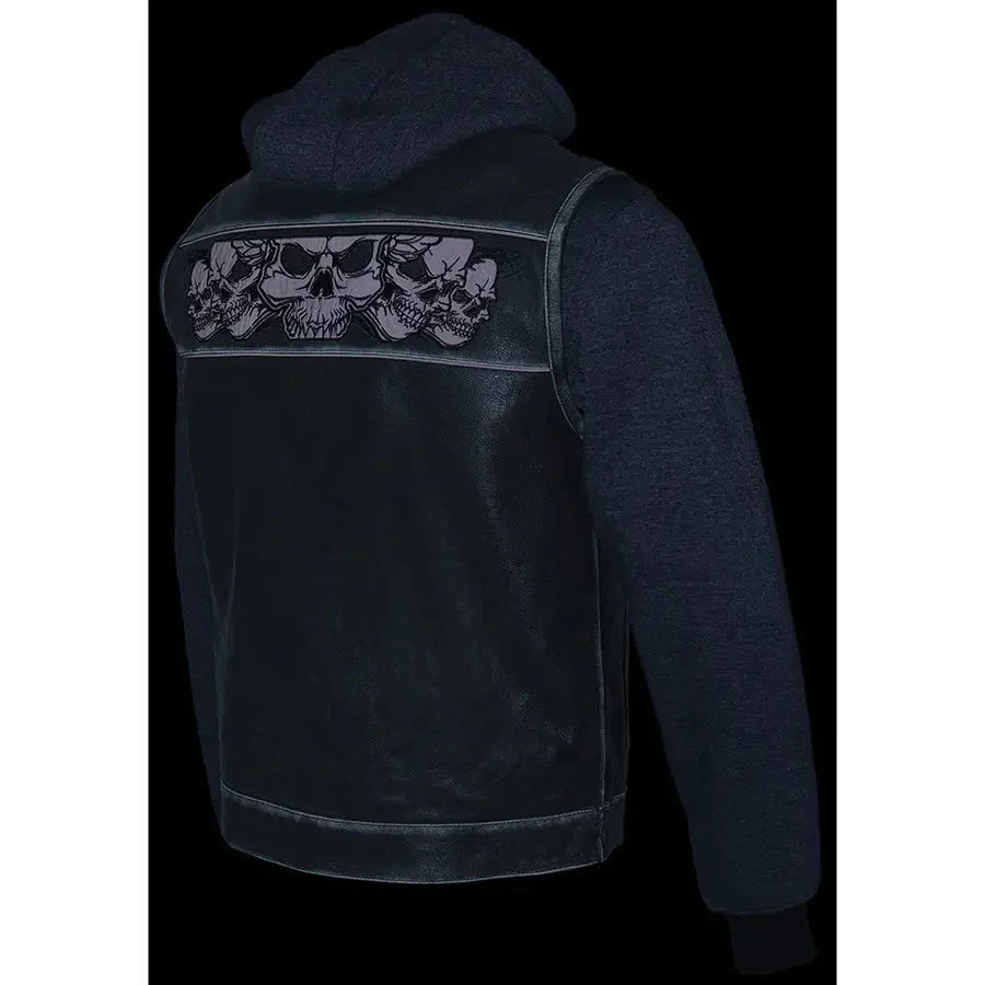 Men's black leather vest with reflective skulls and full hoodie liner, back view