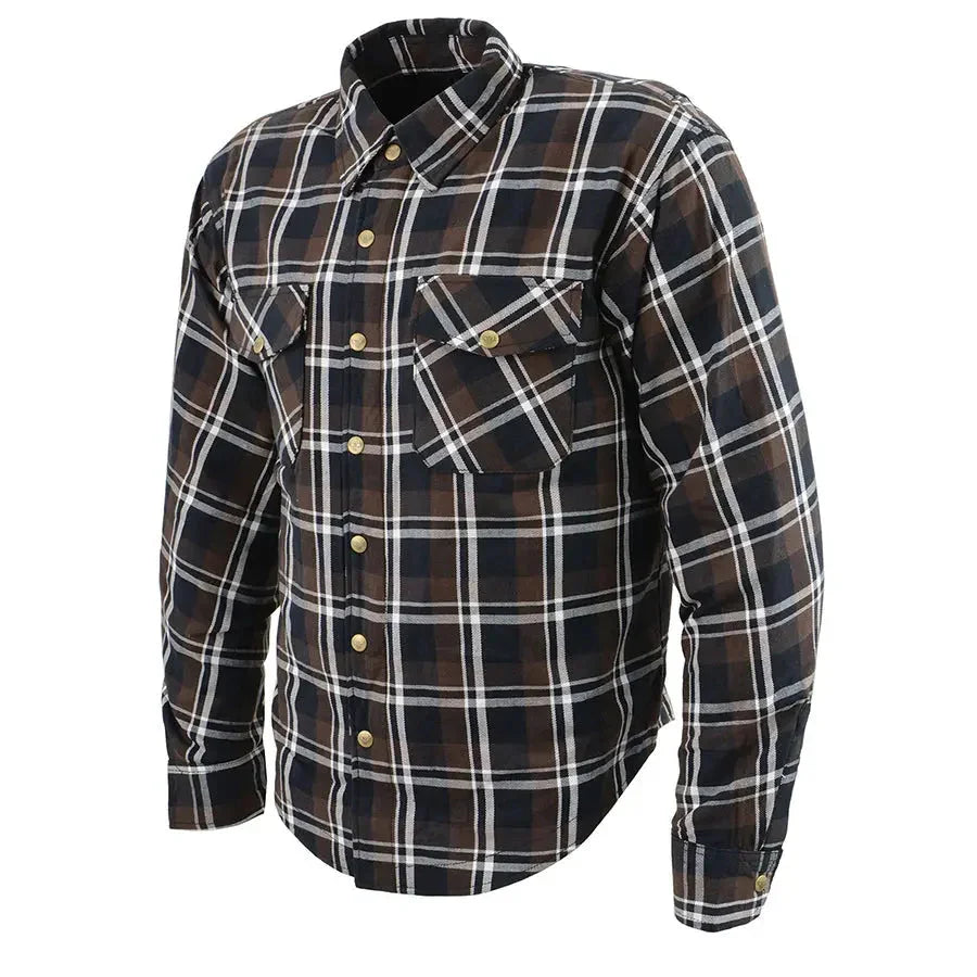Men's reinforced fibers armoured plaid shirt with snap buttons and front pockets
