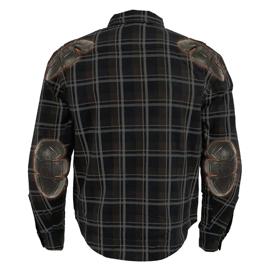 Men's black plaid armoured shirt with reinforced shoulder and elbow pads