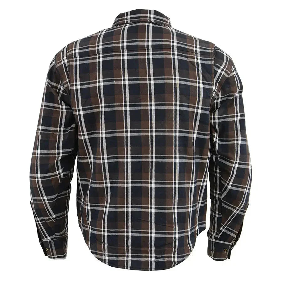 Men's reinforced fiber armored shirt with brown and black plaid pattern, back view