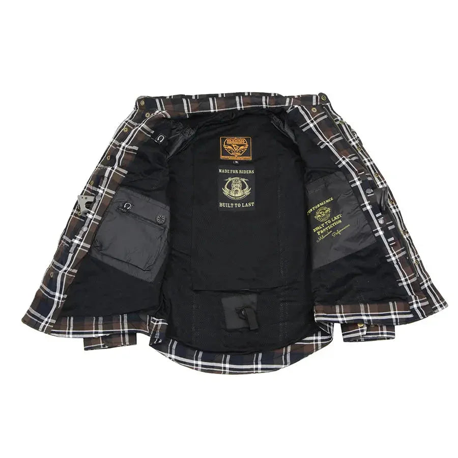 Interior of men's reinforced fibers armoured plaid shirt with pockets and mesh lining