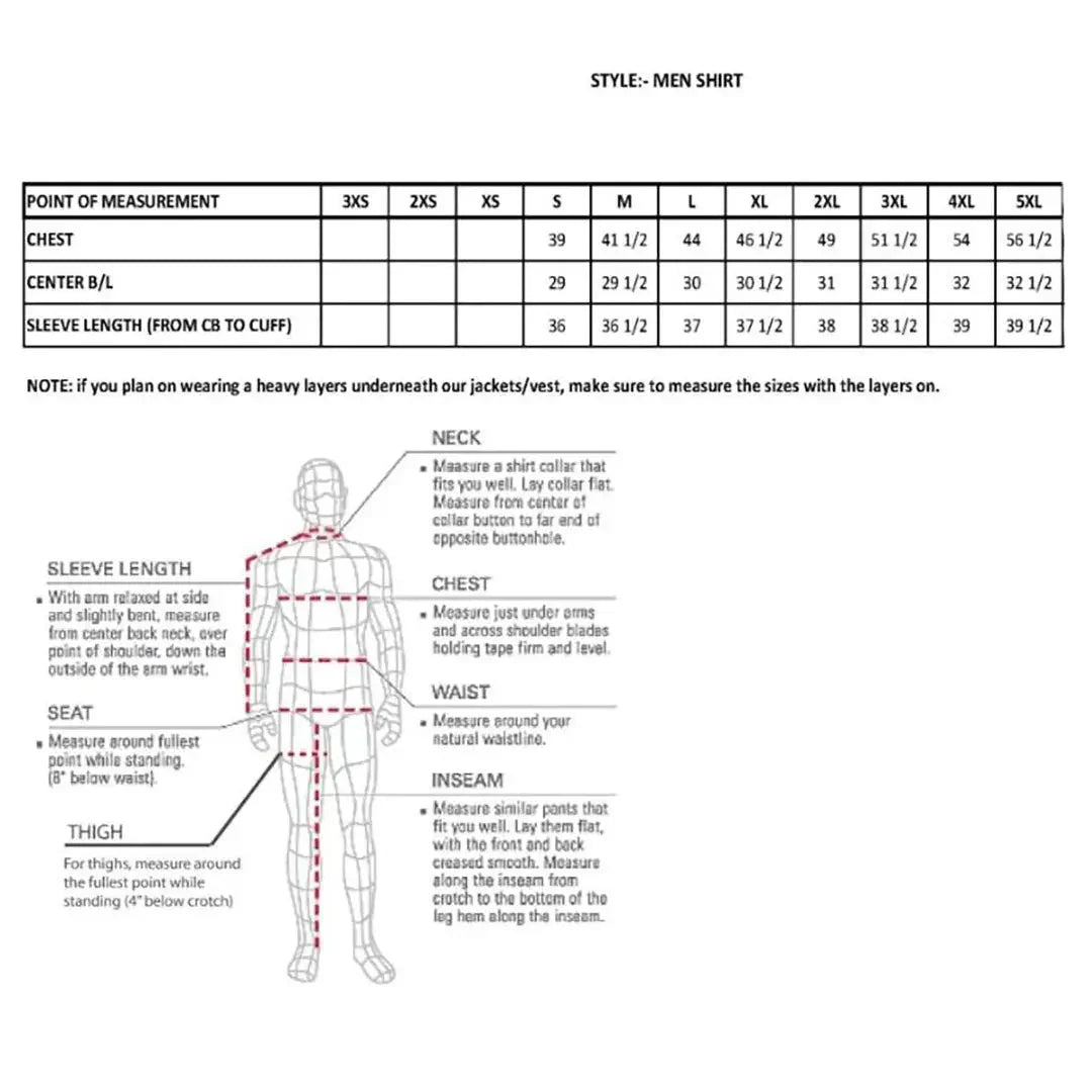 Men's shirt size chart with chest, center back length, sleeve length, and body measurement guide