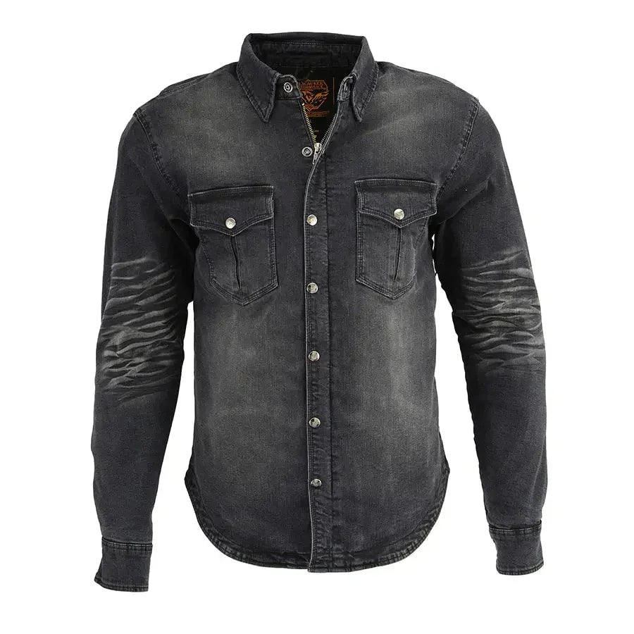 Milwaukee Leather men's faded denim armored shirt jacket with chest pockets and button front