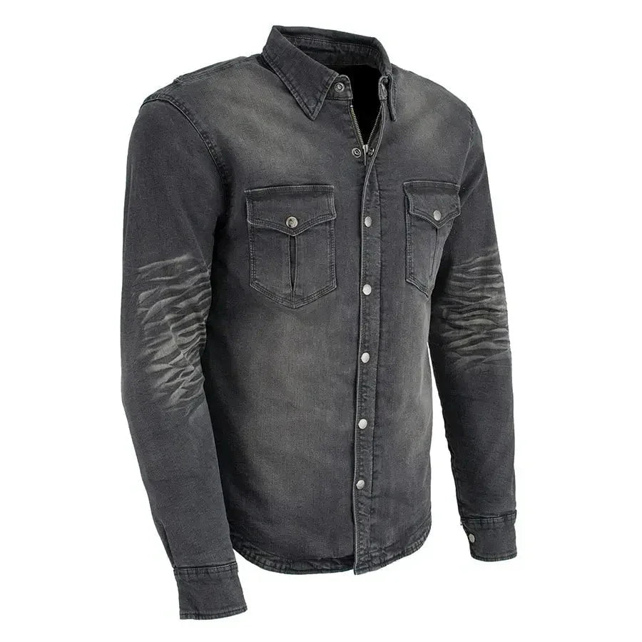 Milwaukee Leather men's faded denim armored shirt jacket with chest pockets and wrinkled sleeves