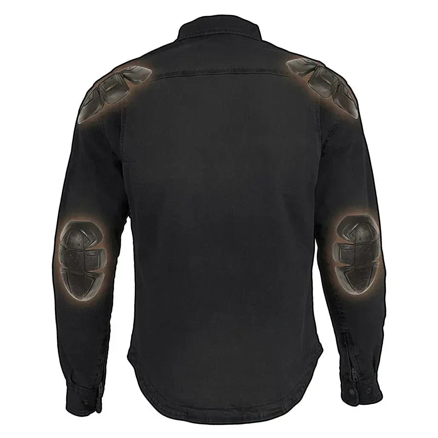Black men's denim armored shirt jacket with visible shoulder and elbow protection, back view