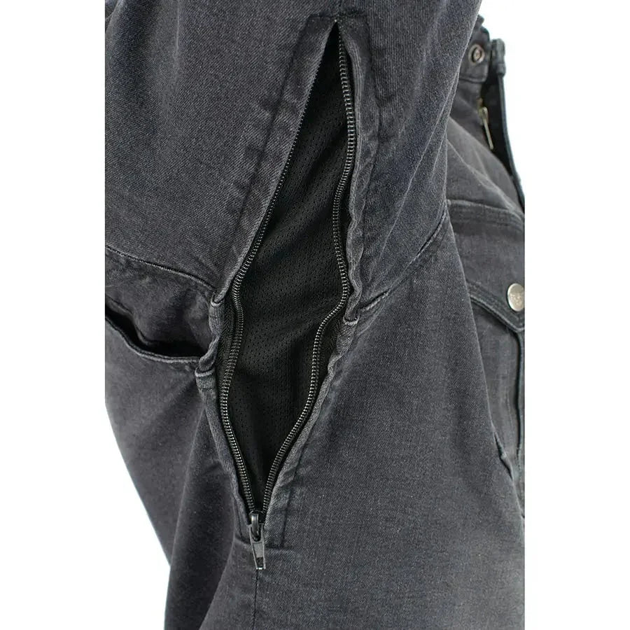 Close-up of Milwaukee Leather men's faded denim armored shirt jacket sleeve zipper