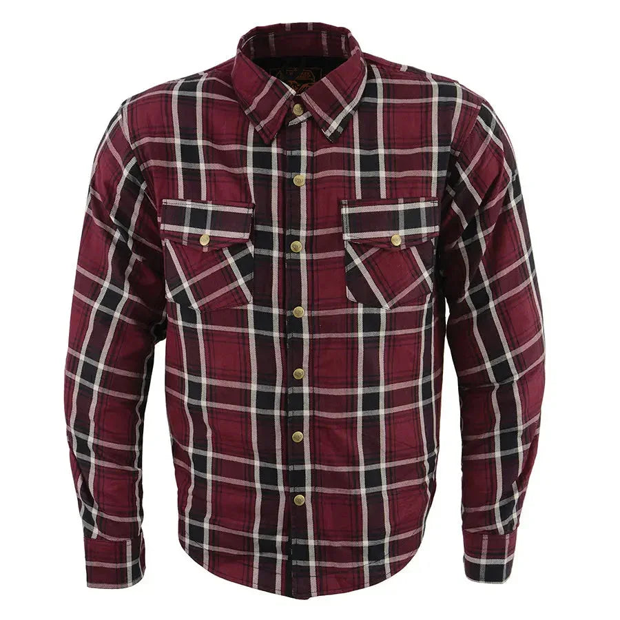 Men's red plaid flannel shirt with long sleeves and front chest pockets