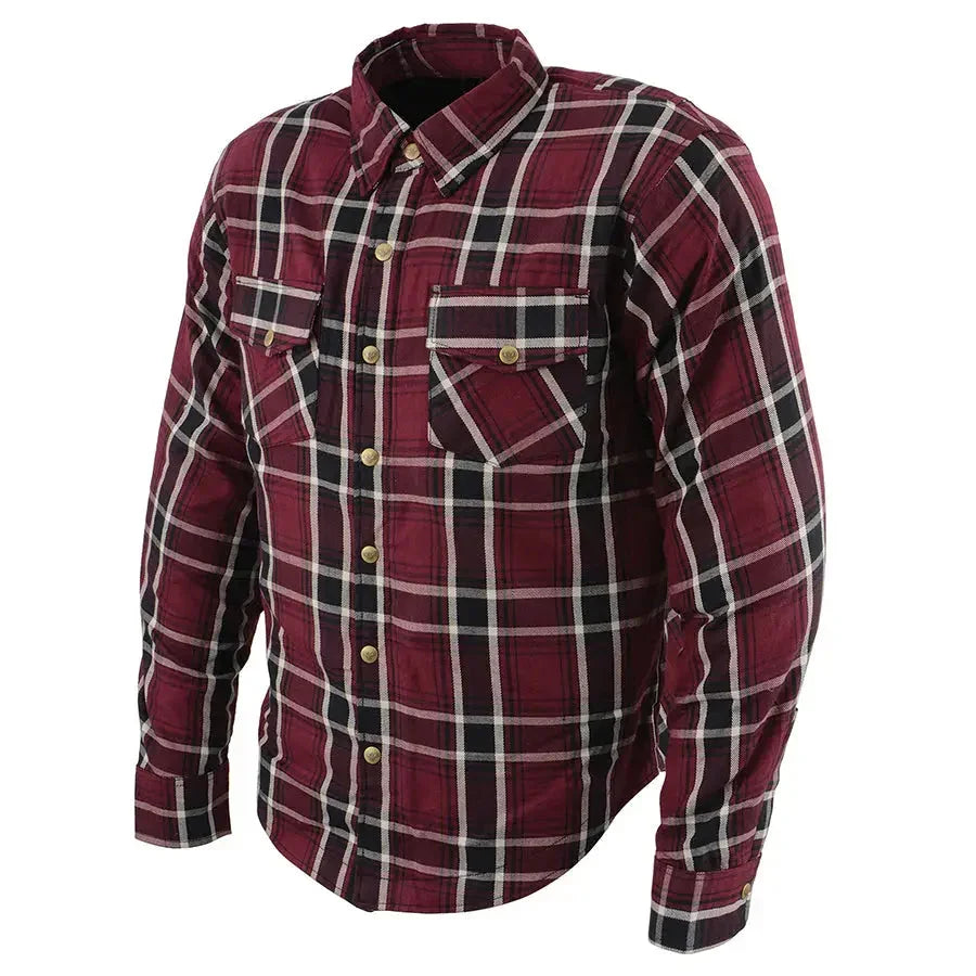 Men's red and black plaid reinforced fibers armoured shirt with button pockets