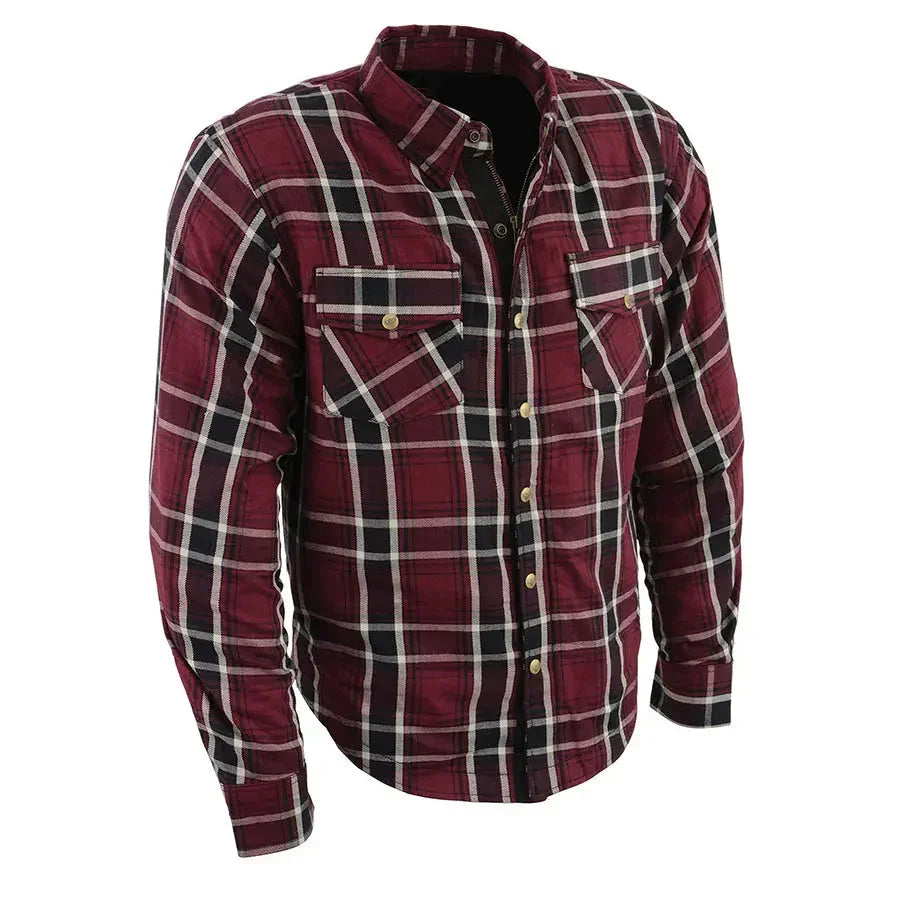 Men's red plaid reinforced fibers armoured shirt with buttoned chest pockets on white background