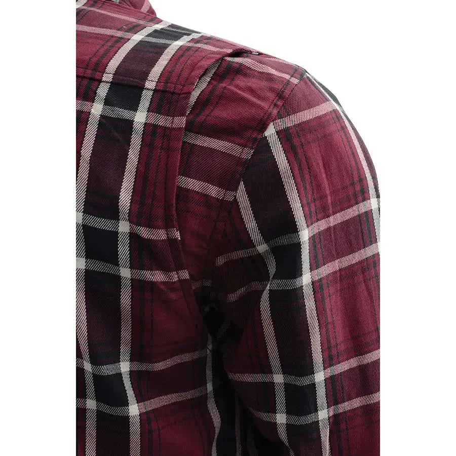 Close-up of men's armoured shirt with reinforced fibers in red plaid pattern