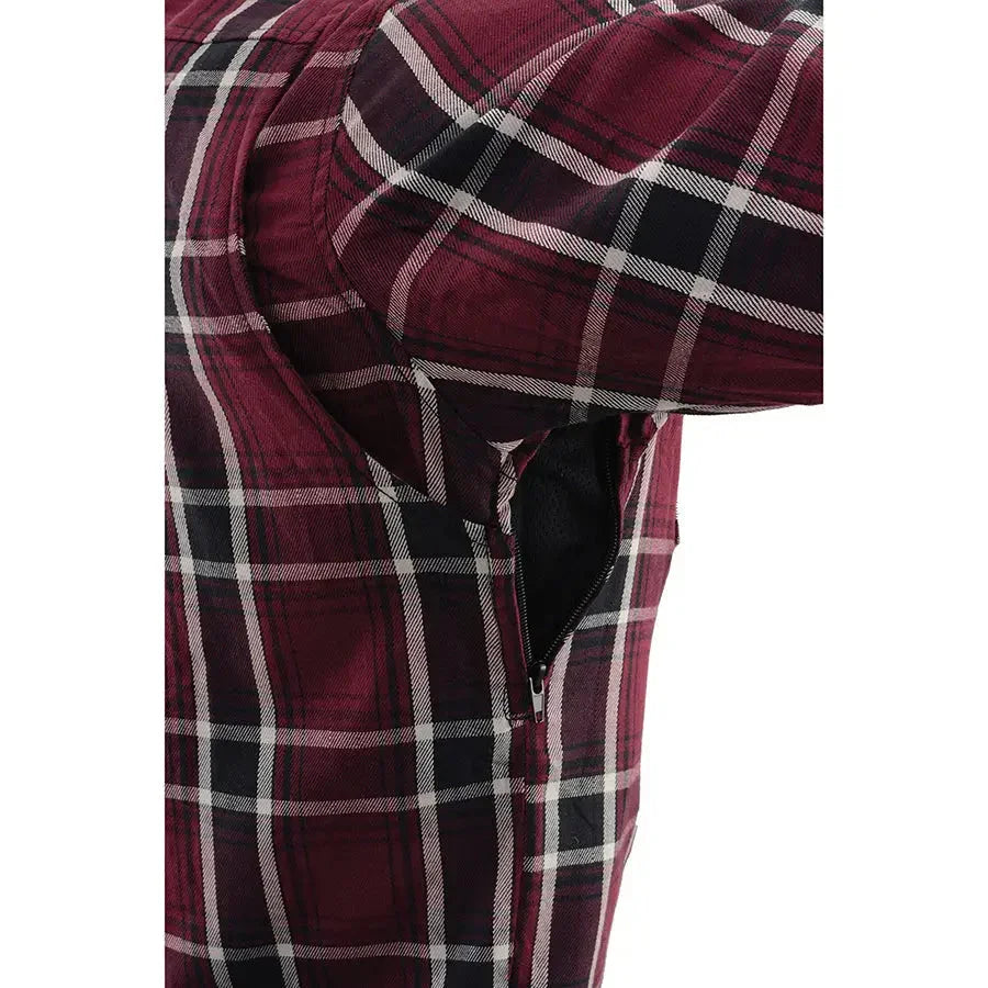 Close-up of maroon plaid men’s armoured shirt with reinforced fibers and zipper detail