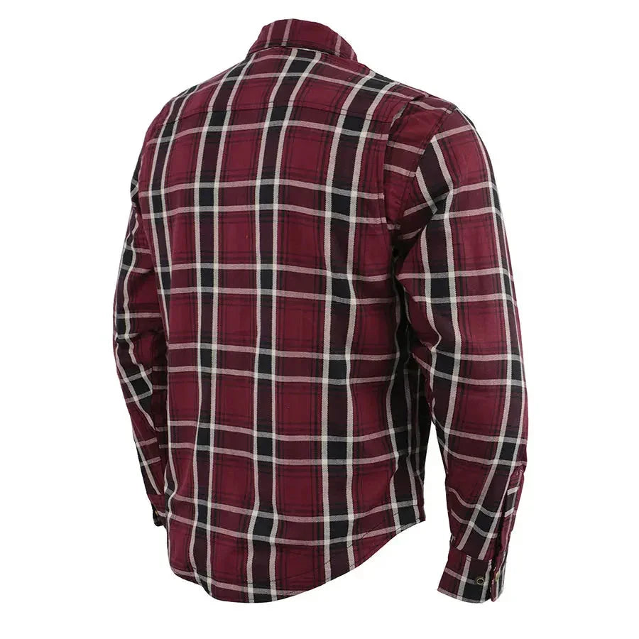 Back view of a red plaid men's reinforced fibers armoured shirt