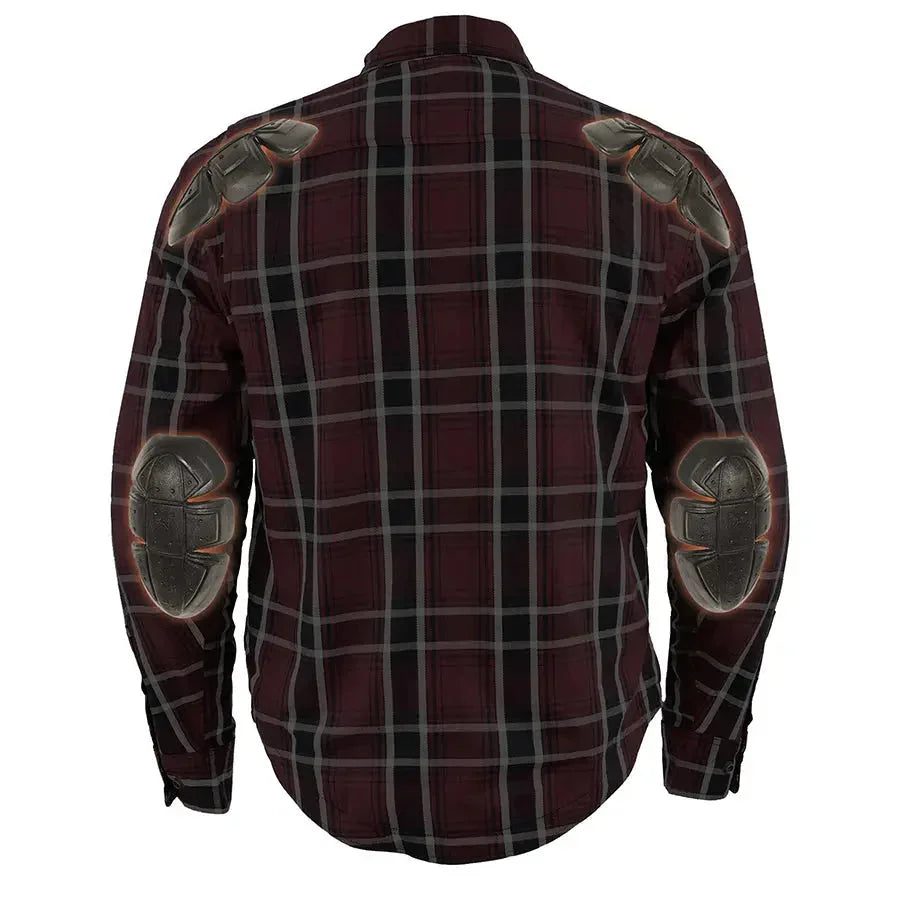 Men's reinforced fiber armored plaid shirt with protective pads on shoulders and elbows