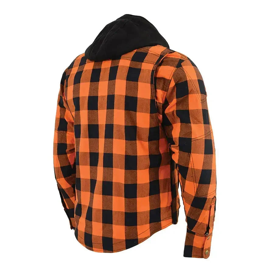 Orange and black plaid flannel shirt with black hood, rear view, motorcycle apparel