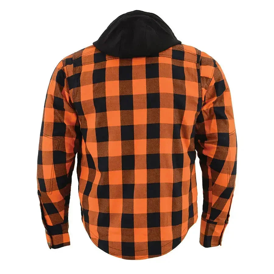 Back view of orange and black plaid flannel shirt with black hood, long sleeves