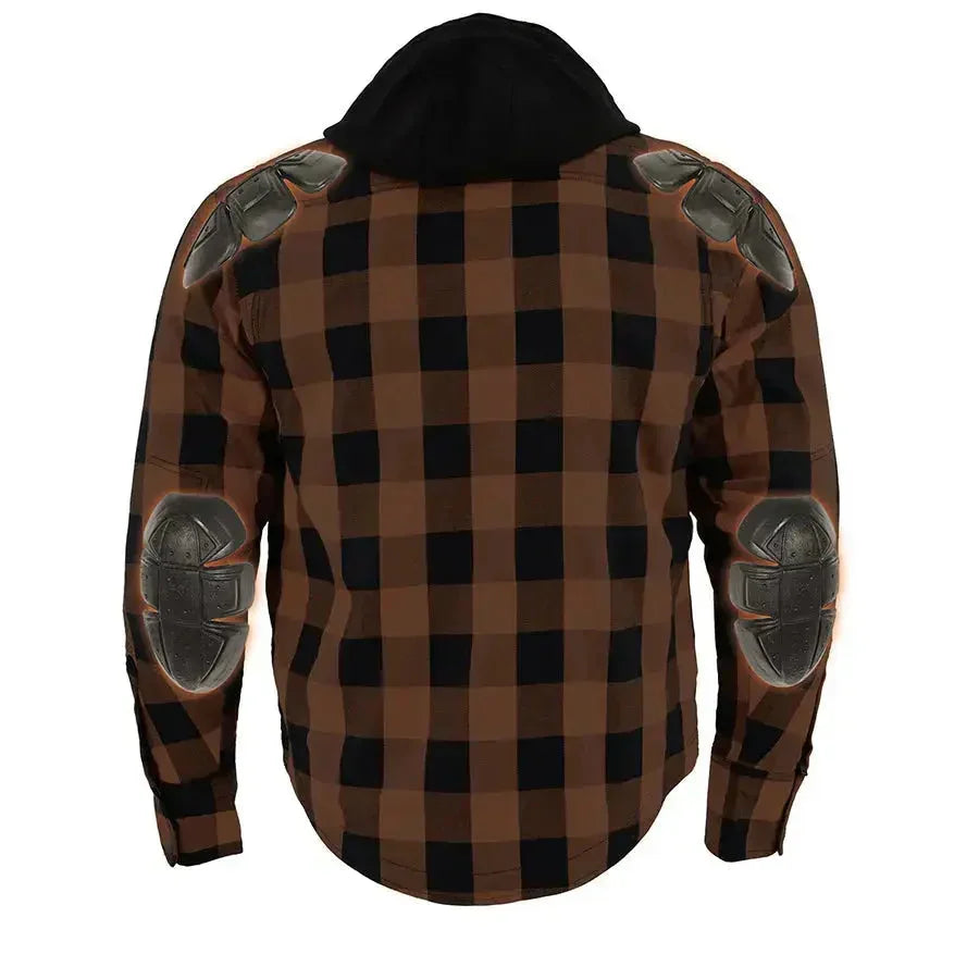 Brown plaid motorcycle jacket with black hood and visible shoulder and elbow armor.