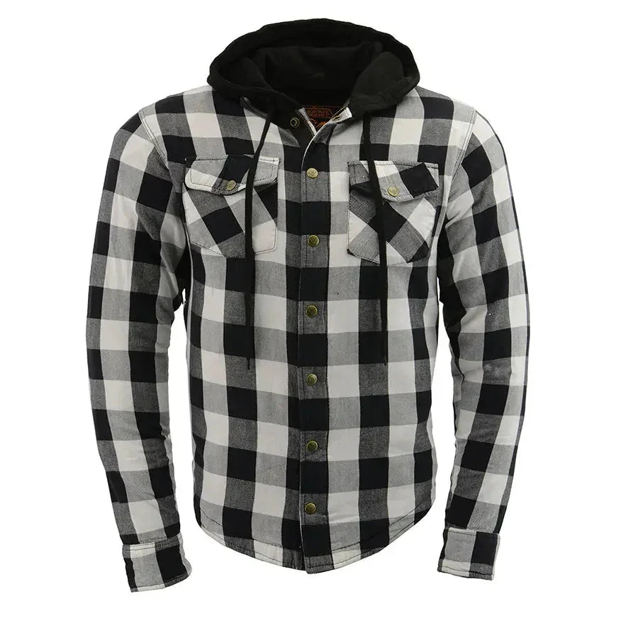 Men's black and white plaid flannel armored shirt jacket with hood and snap buttons