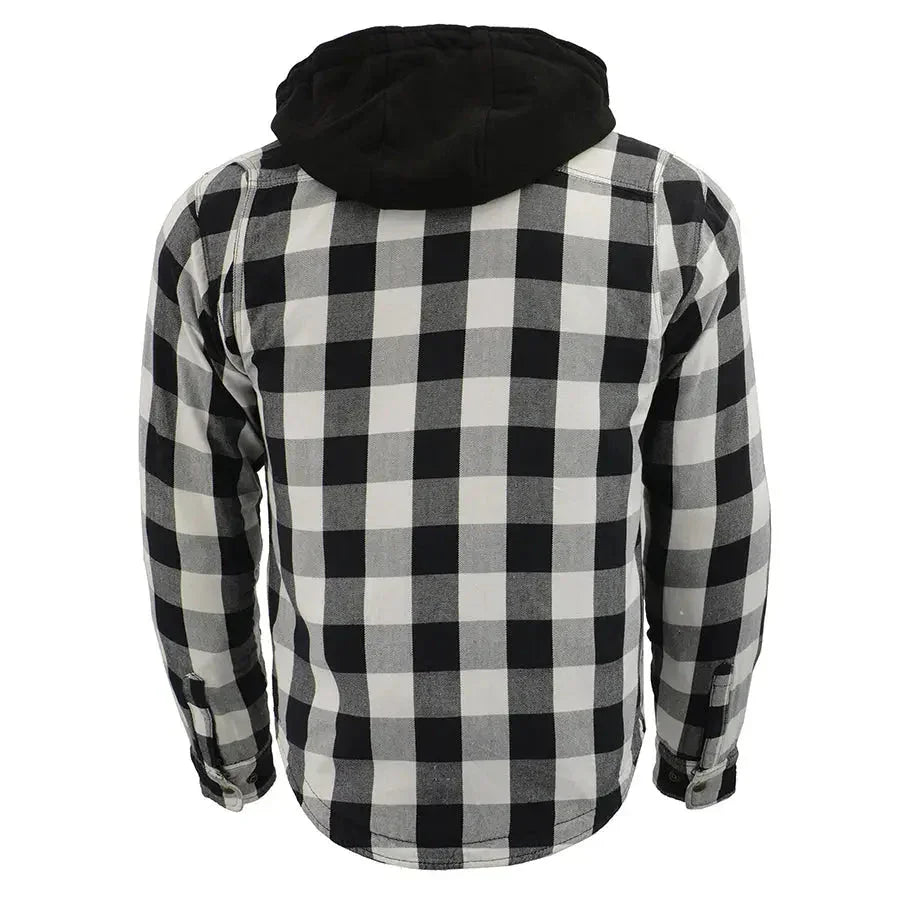 Men's black and white plaid flannel armored shirt jacket with black hood, back view