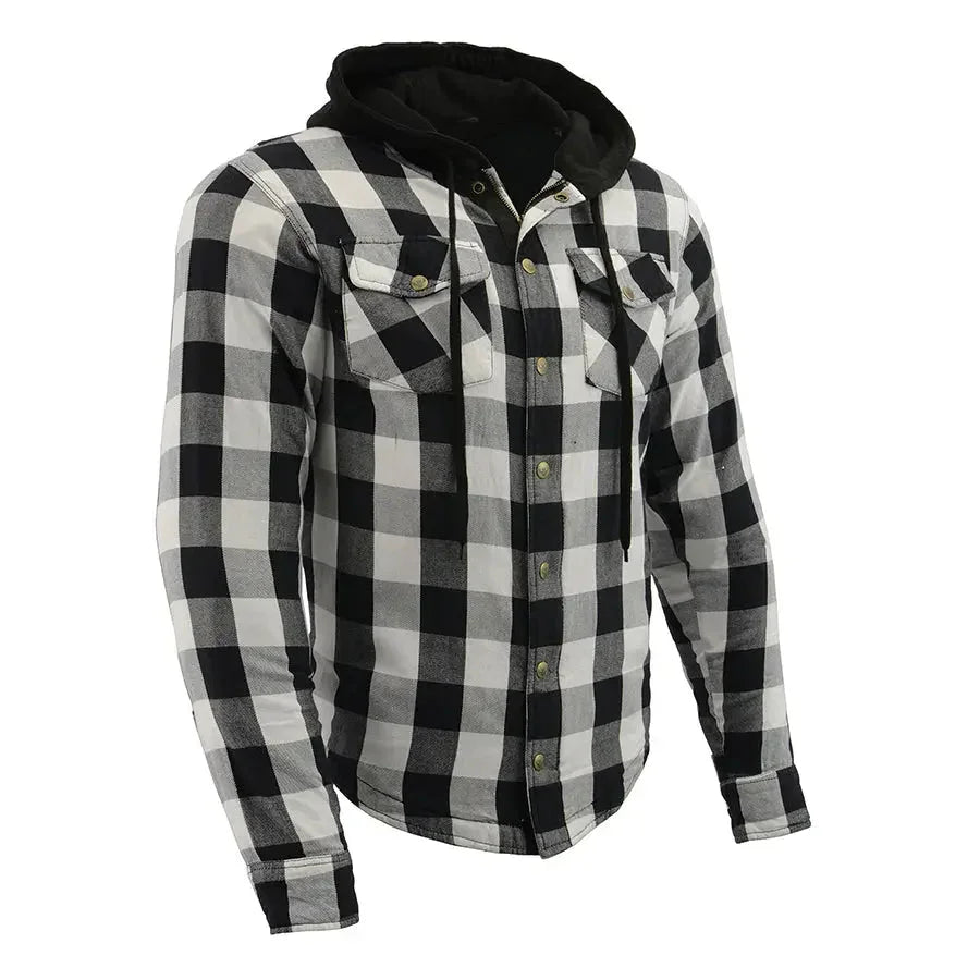 Black and white plaid flannel men's armored shirt jacket with hood, front snap buttons, and chest pockets