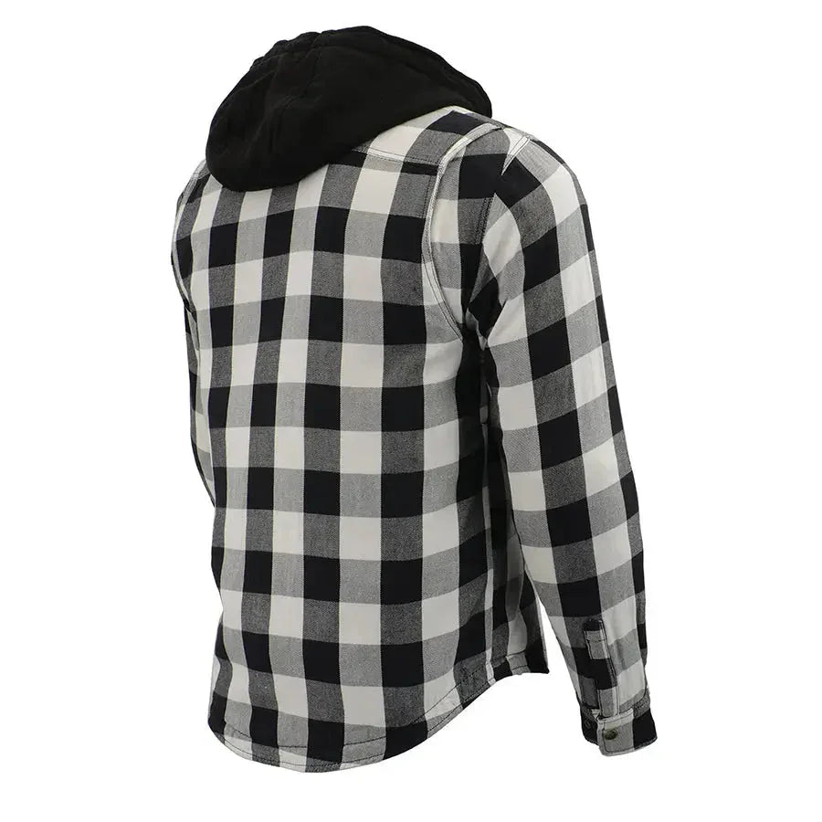 Men's black and white plaid flannel armored shirt jacket with black hood, back view