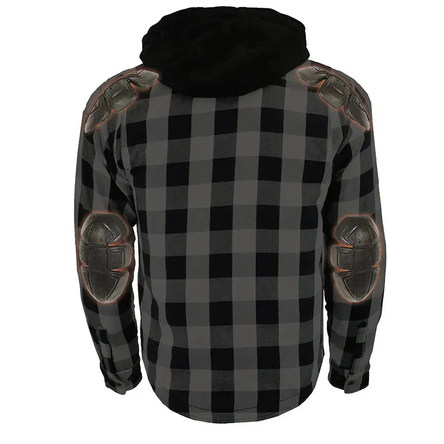 Back view of black and gray plaid flannel armored shirt jacket with hood and protective padding