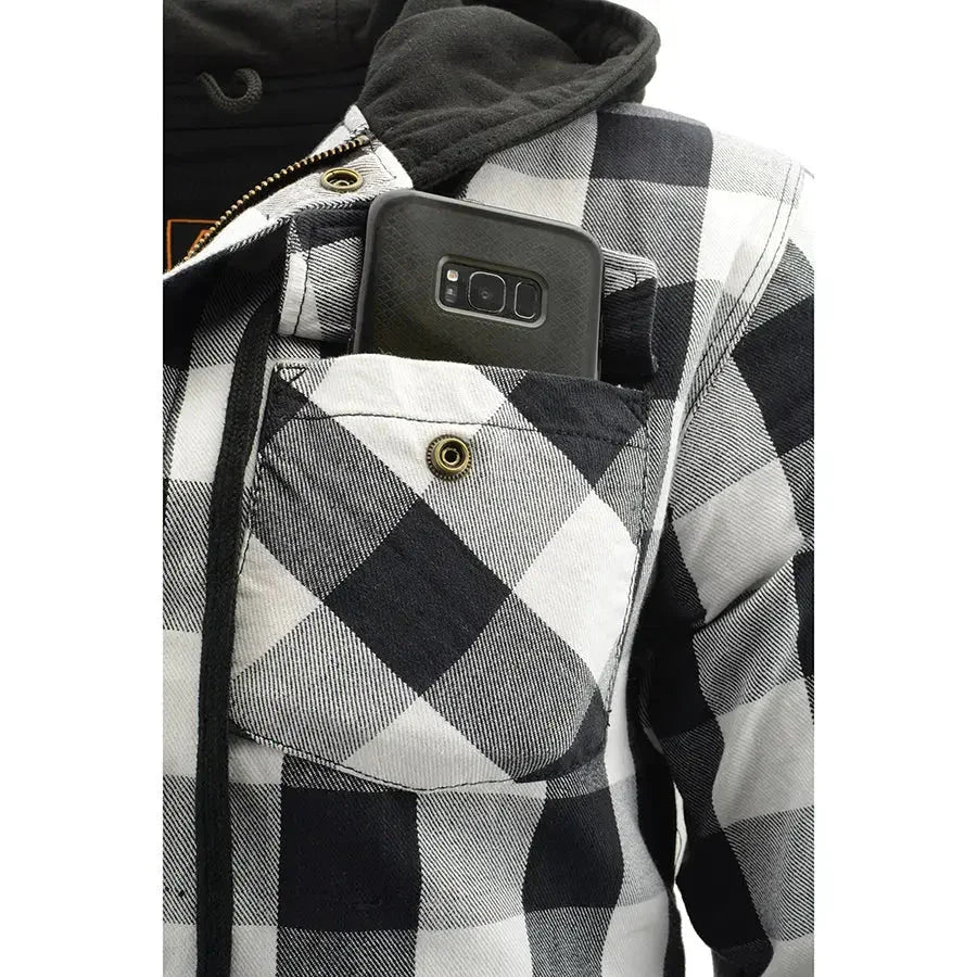 Black and white plaid flannel armored shirt jacket with phone in chest pocket