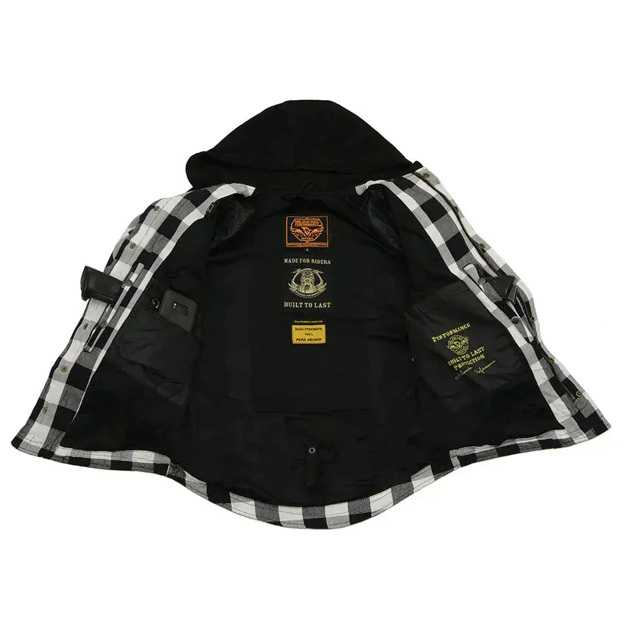 Open Milwaukee Leather men's plaid flannel armored shirt jacket showing black interior pockets and safety labels