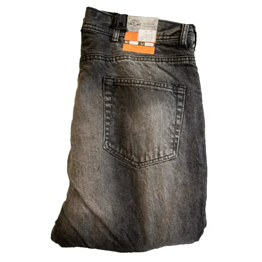 Folded black reinforced denim motorcycle jeans with back pocket and product tag