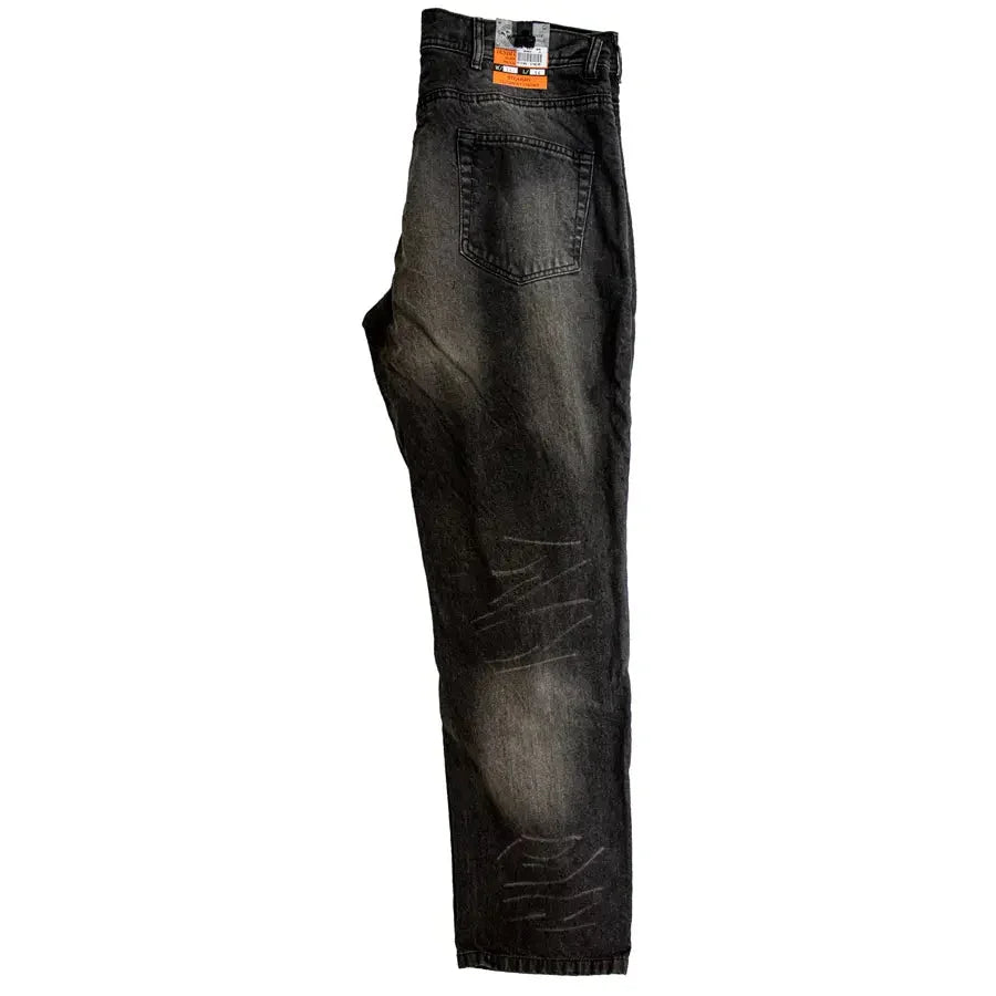 Black reinforced denim motorcycle jeans for men with visible rear pocket detail