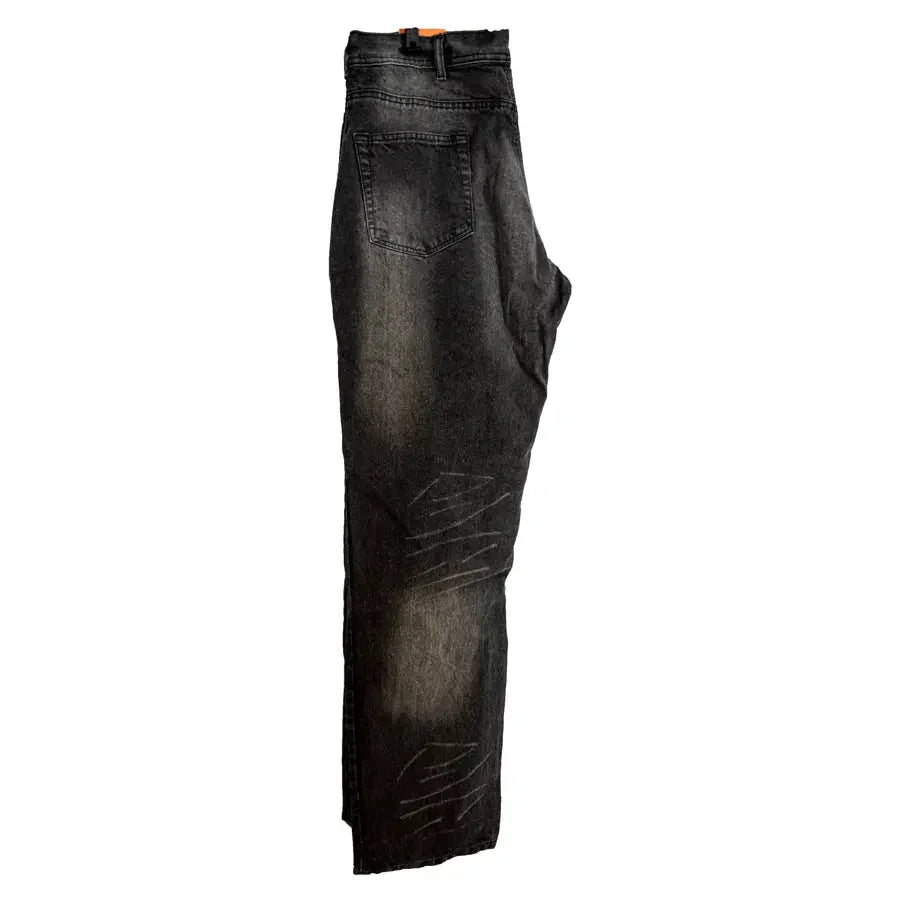 Black reinforced denim motorcycle pants with back pocket and contrast stitching on white background