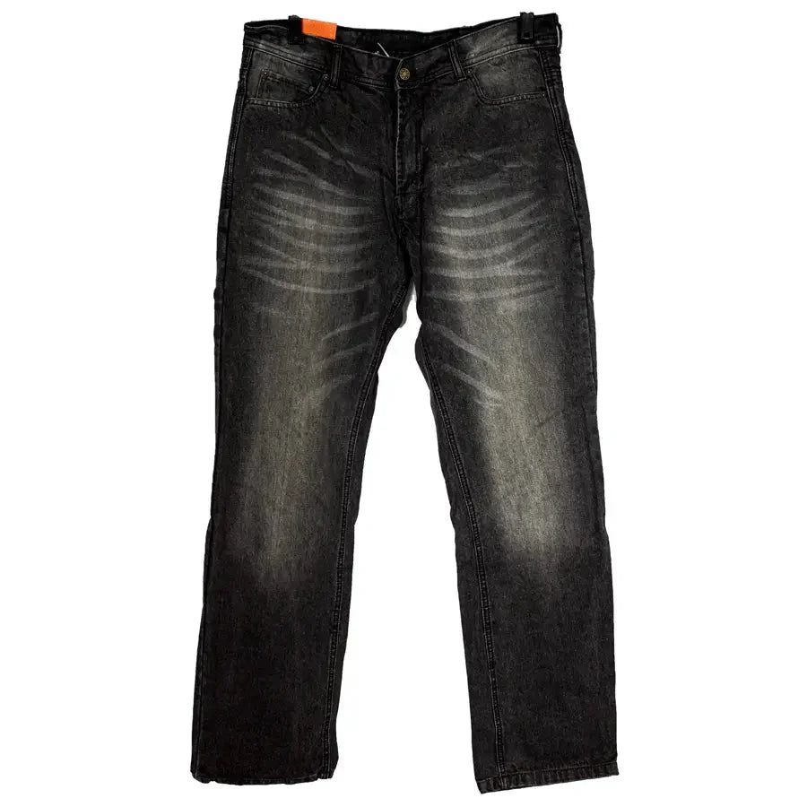 Black reinforced denim men's motorcycle jeans with faded front and whiskering details