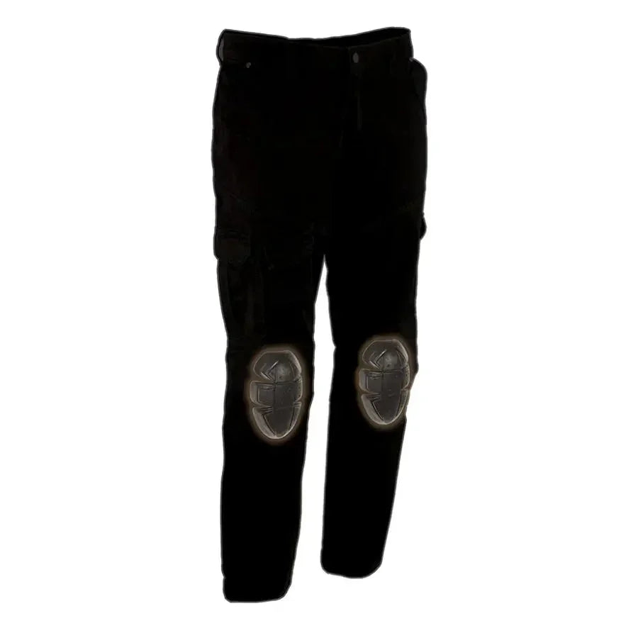 Black reinforced denim motorcycle pants with visible knee armor on white background