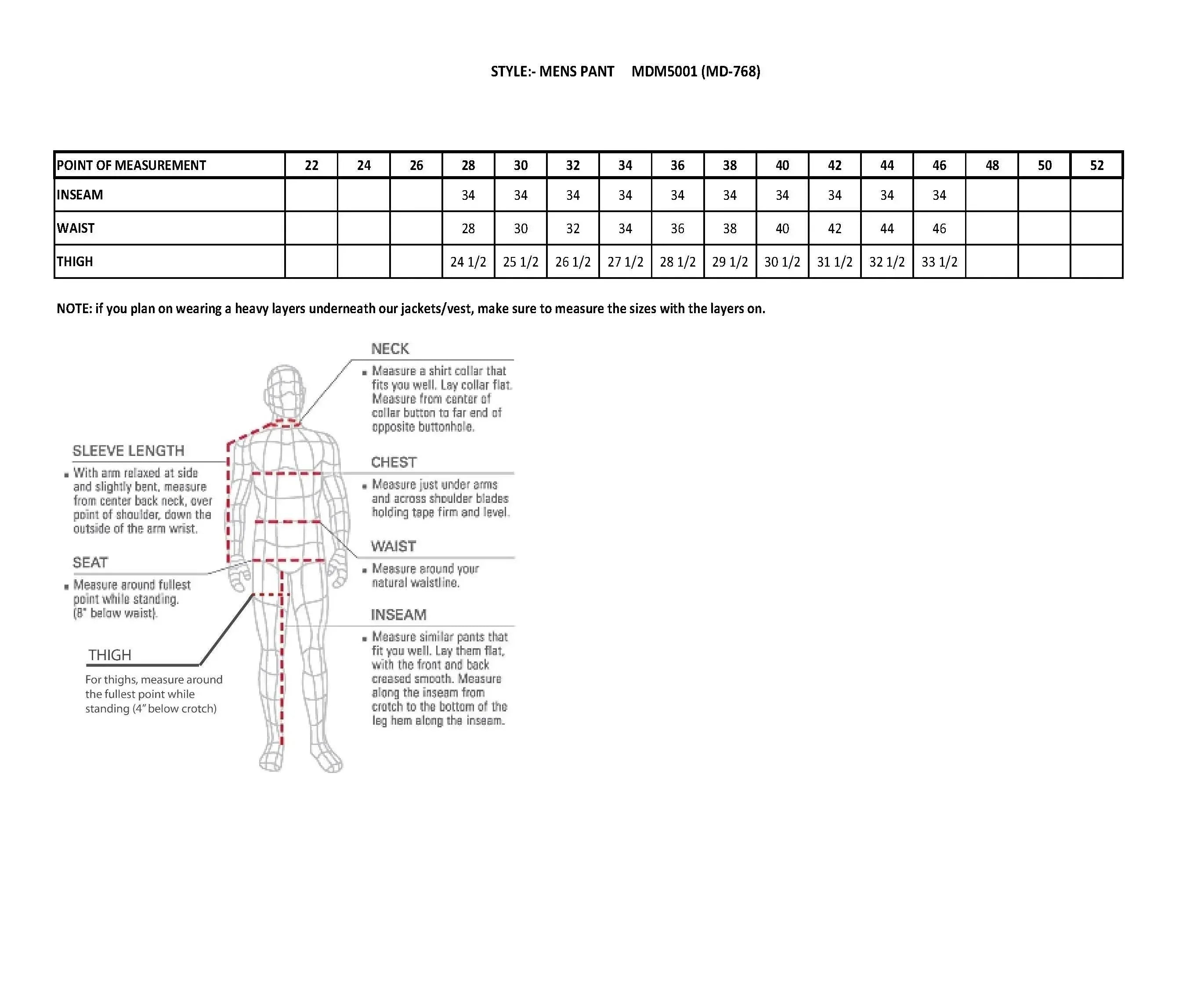 Men's motorcycle pants size chart with inseam, waist, thigh measurements and measuring guide.