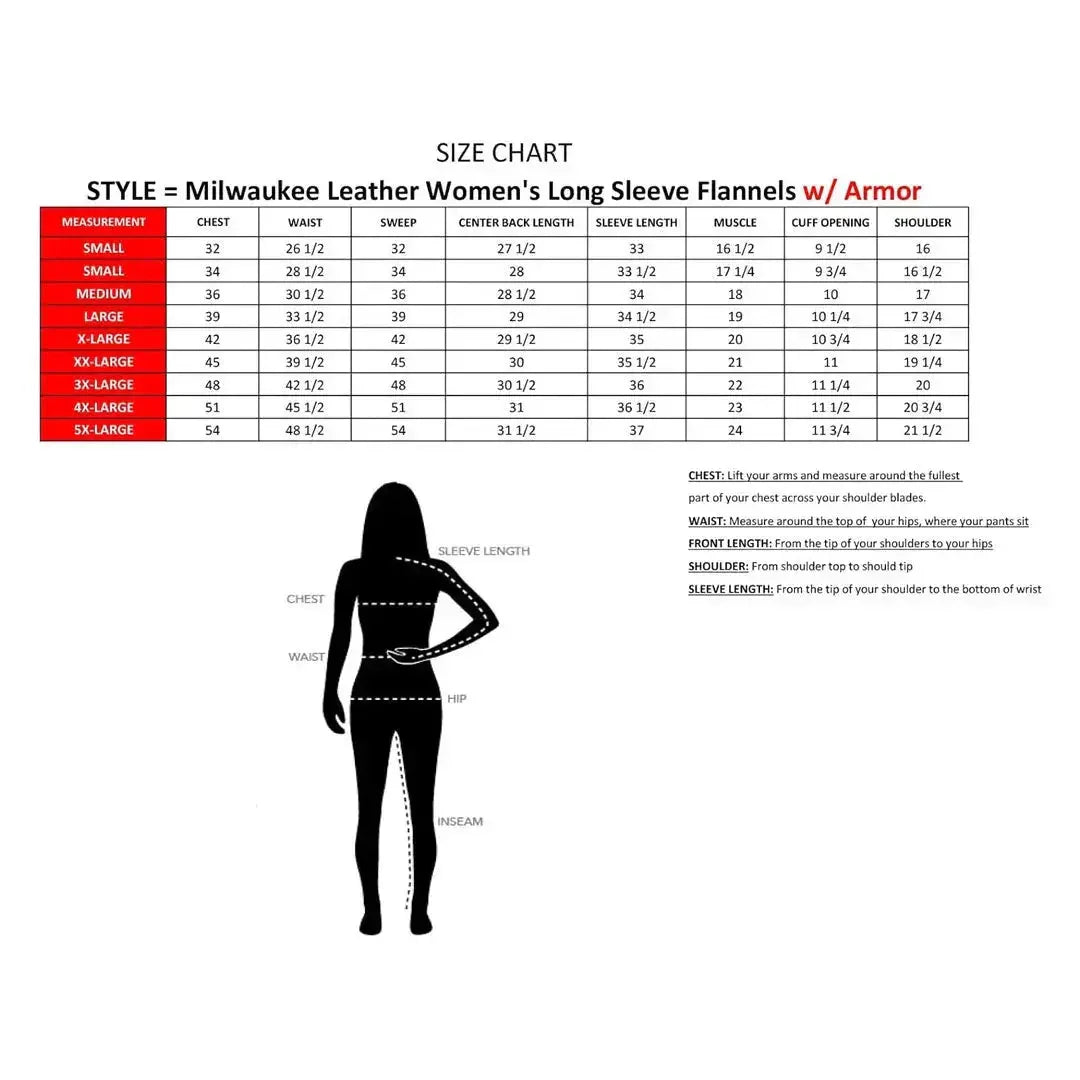 Milwaukee Leather Women's Long Sleeve Flannels with armor size chart and measurement guide.
