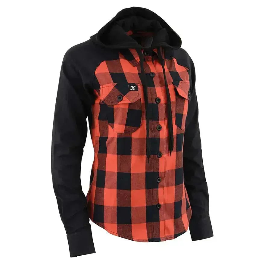 Red and black plaid flannel shirt with black sleeves and hood, front button closure