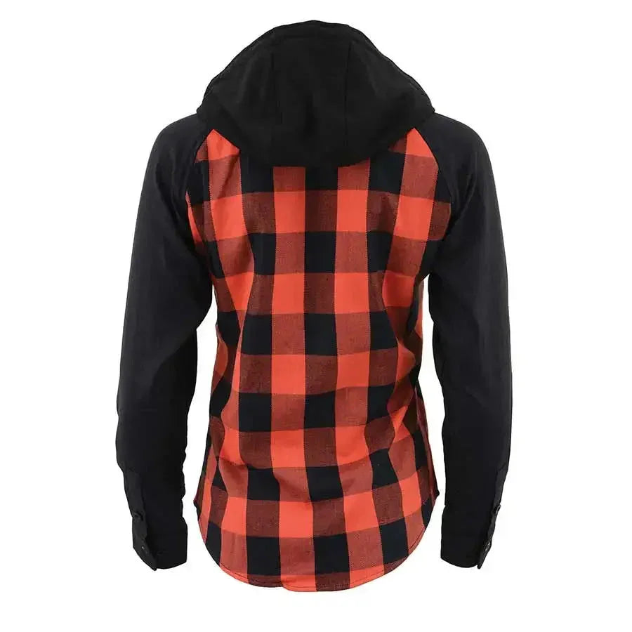 Back view of a red and black plaid checkered hooded shirt with solid black sleeves