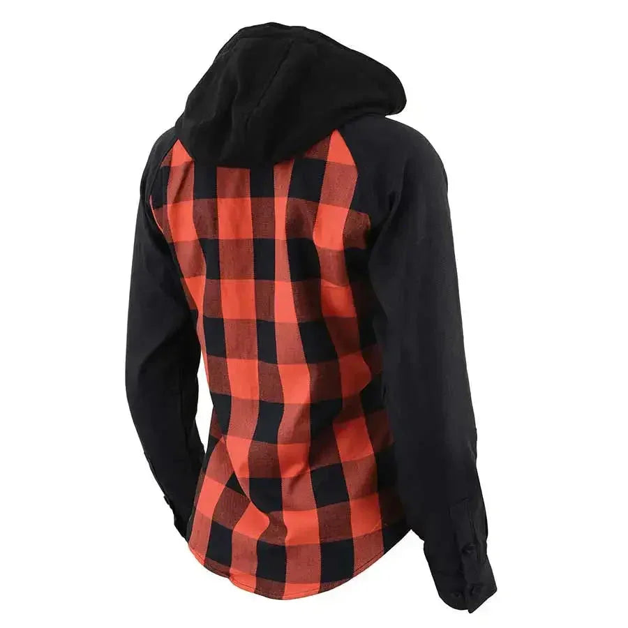 Red and black plaid flannel shirt with black hood and sleeves, back view