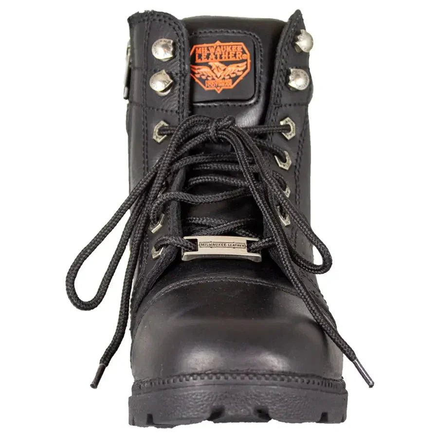 Milwaukee Leather women's black lace-up motorcycle boot with metal eyelets and logo patch