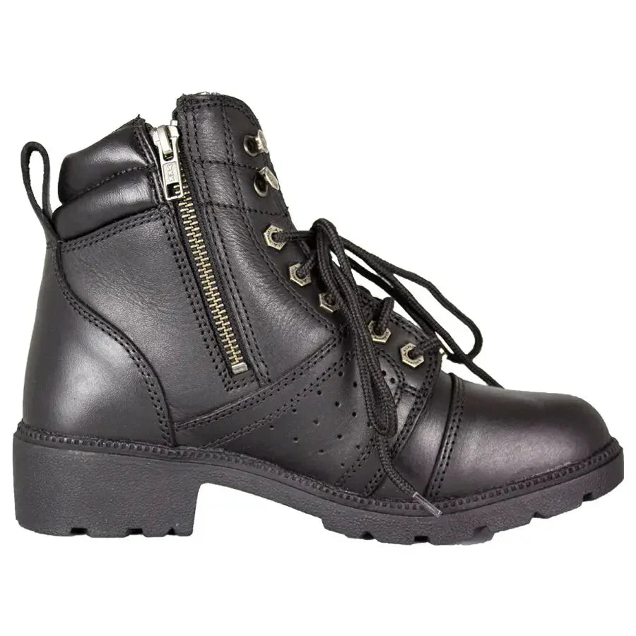 Black women's side zip lace-up Milwaukee Leather motorcycle boot on white background