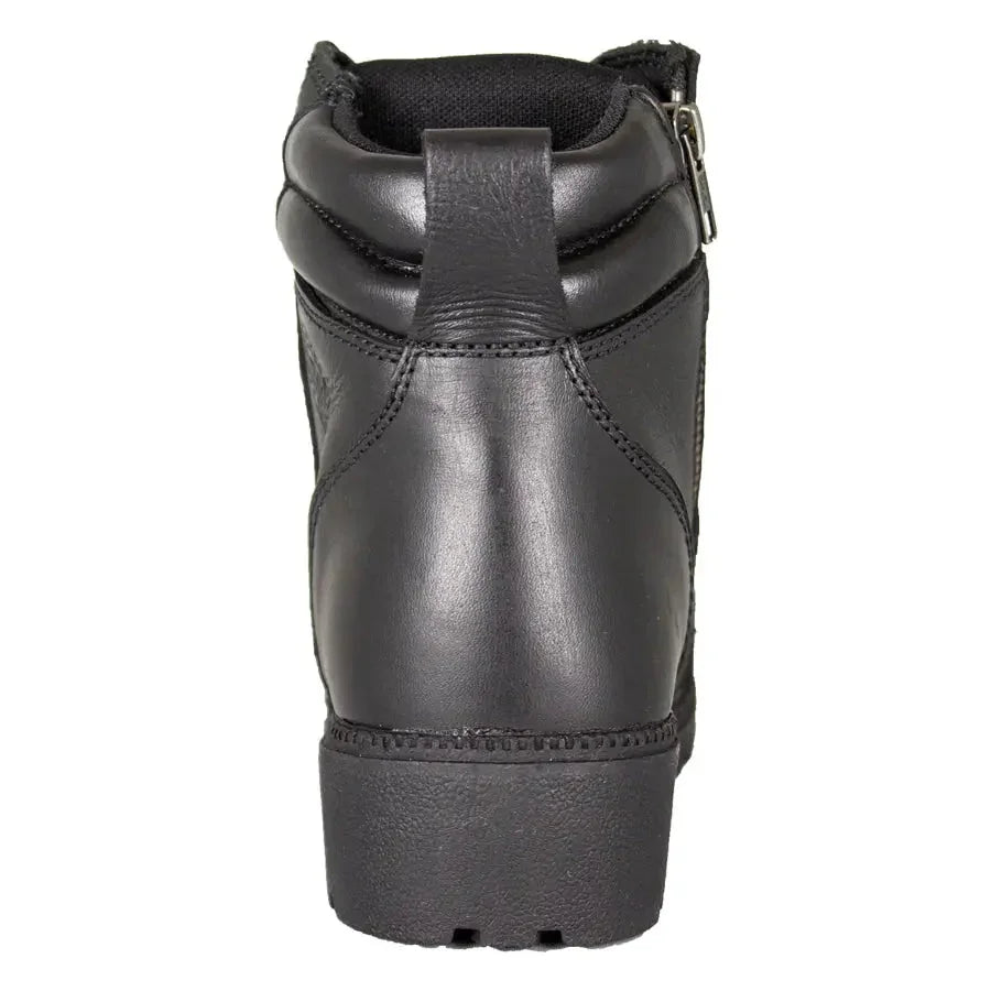Back view of black leather women's motorcycle boot with padded collar and side zipper
