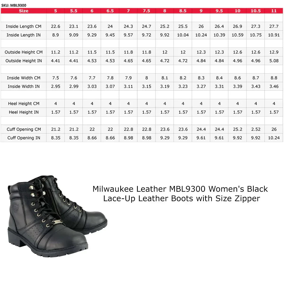 Milwaukee Leather MBL9300 women's black boots size chart with lace-up zipper boots image