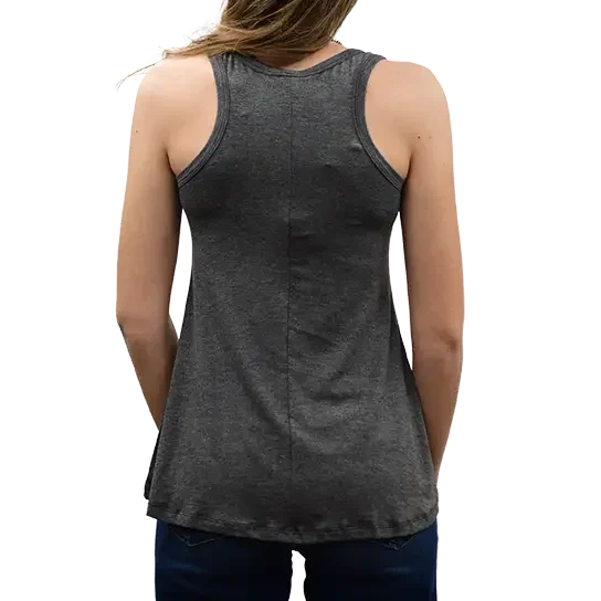 Woman wearing a dark gray mineral wash racerback tank top, back view