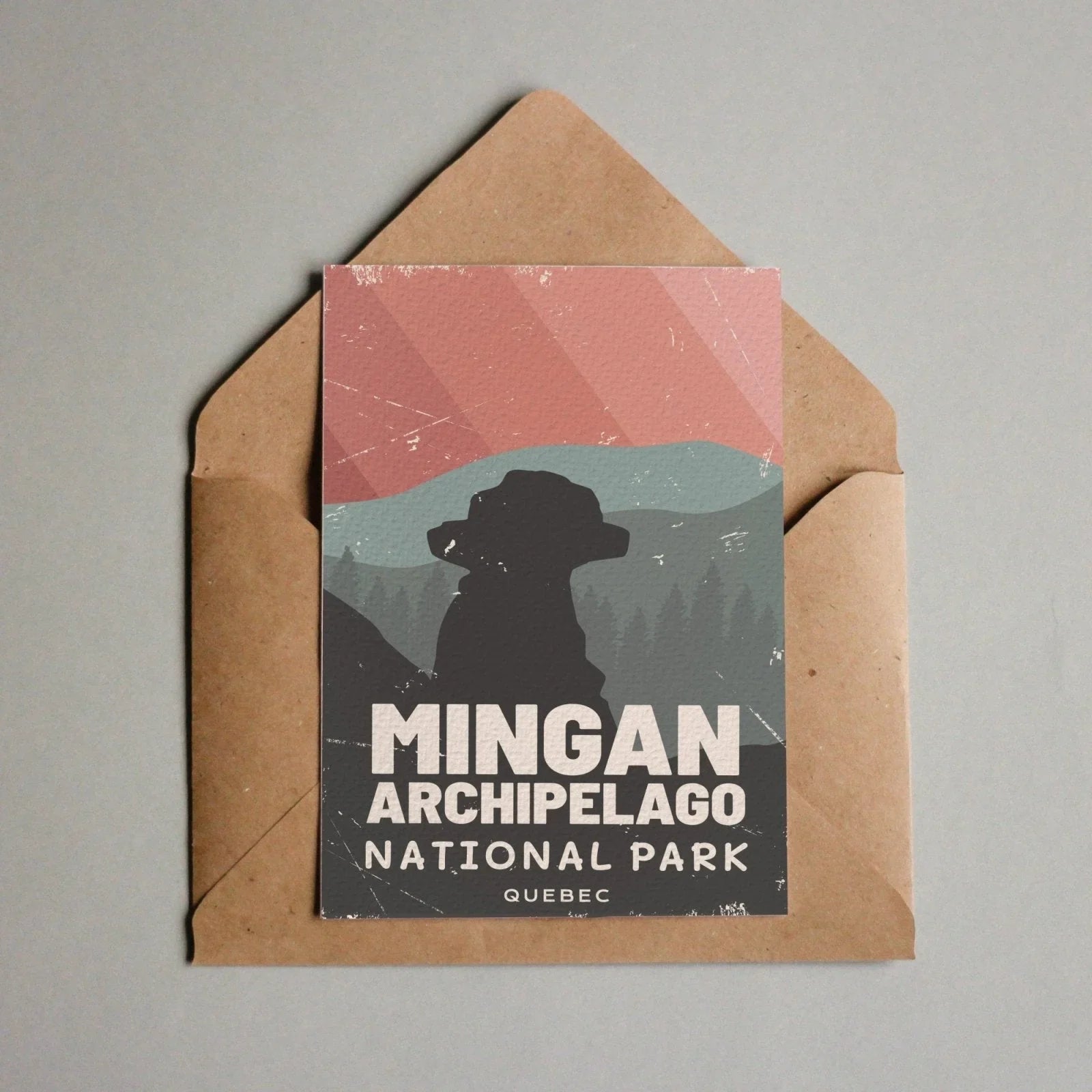 Mingan Archipelago National Park Quebec postcard in brown envelope with retro illustration