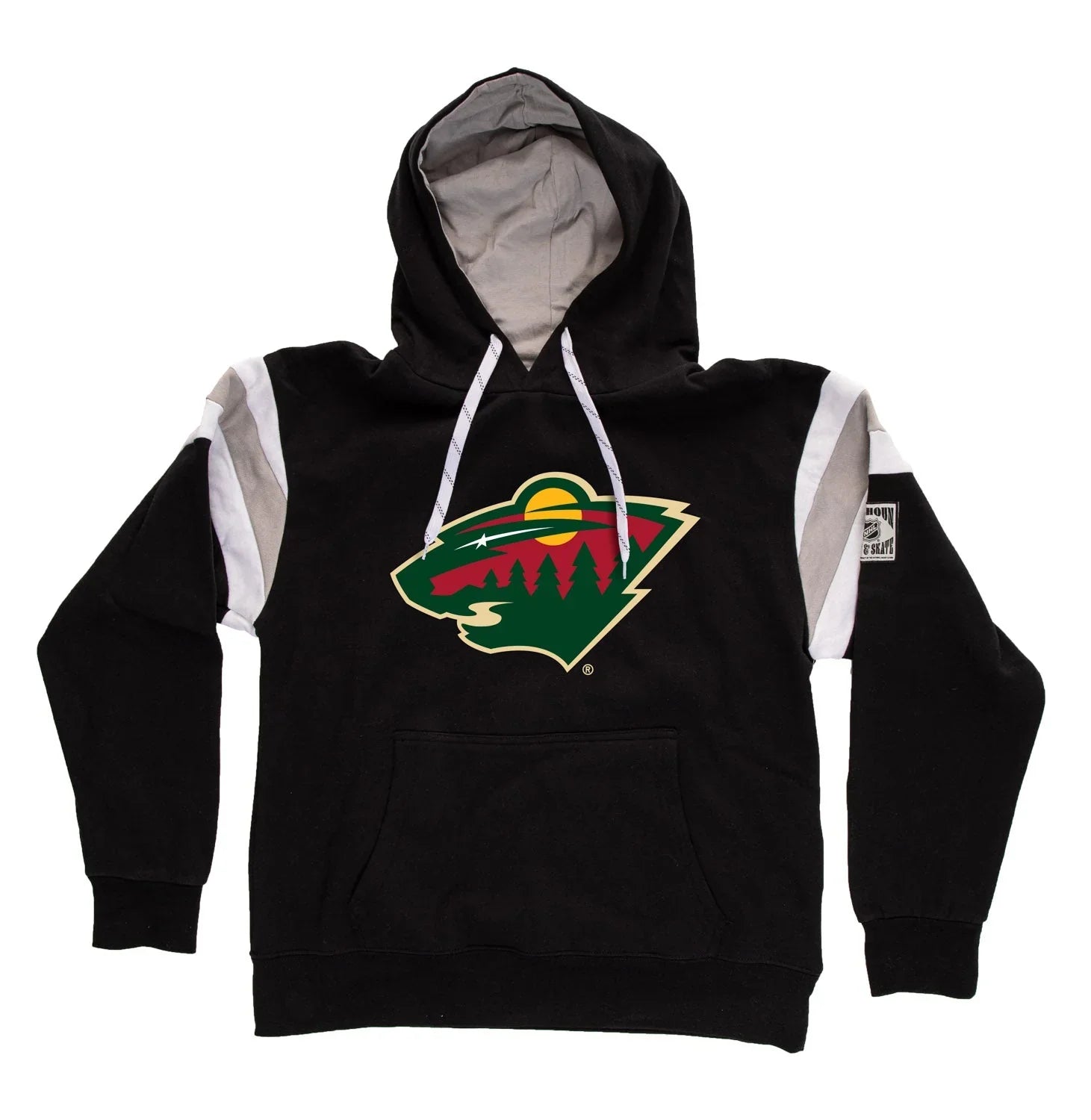 Black Minnesota Wild hoodie with large team logo and white-gray sleeve accents, flat lay